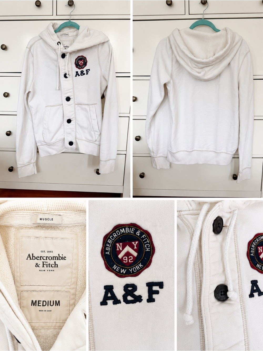 Abercrombie & Fitch Vintage Y2K Cream Hooded Button-Up Sweatshirt Jacket
